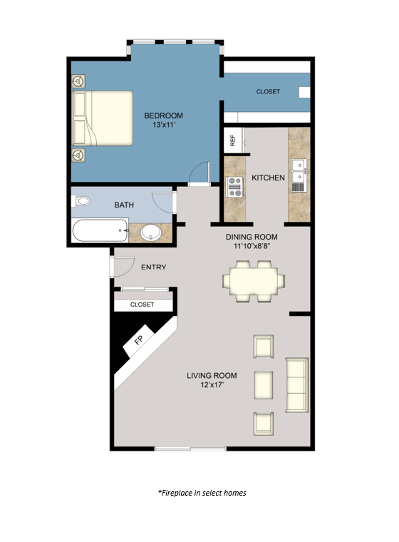 Floor plan for 1 bed, 1 bath, 705 sqft